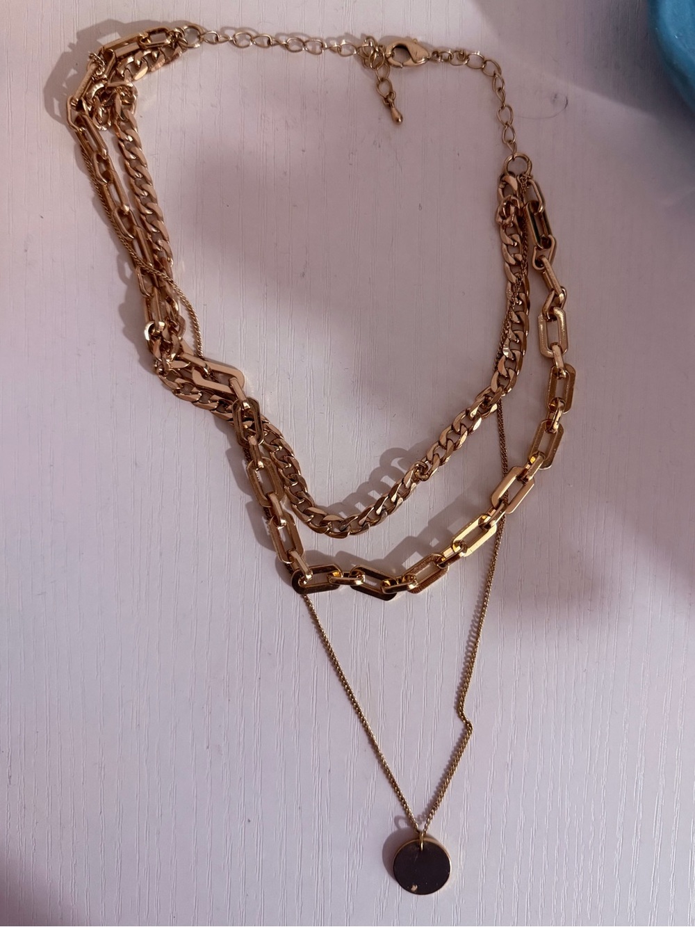 Gold Multi-Layer Chain Necklace with Disc Pendant